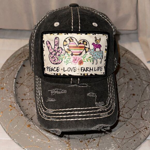 PEACE LOVE FARM LIFE Black Distressed Denim Cotton Cap - Picture 1 of 9